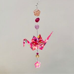 Origami Ornament #2389 - Medium Crane with Enamel Flower Charm